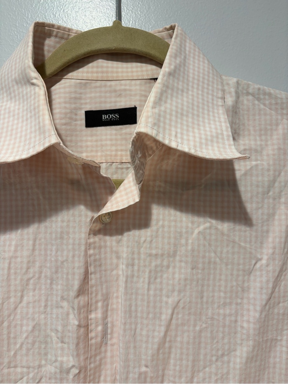 BOSS Men’s Light Pink Checked Dress Shirt
